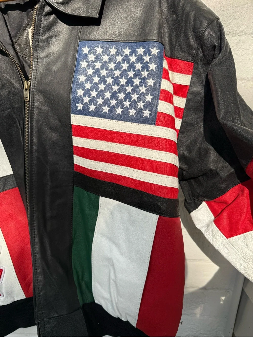 NWT PHASE 2 Vintage 90s Leather Bomber Jacket International Flag Hip Hop Medium